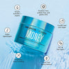 Blue jar of Chris Appleton + Color Wow Money mask with product features on a light blue background