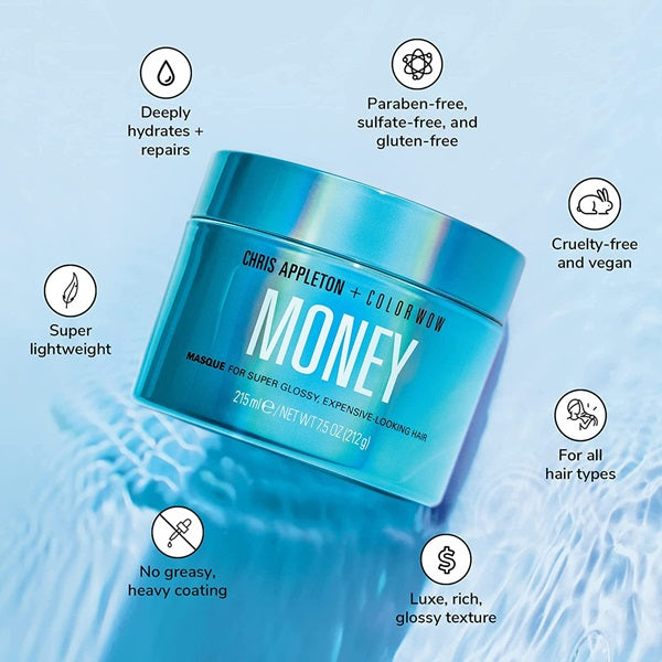 Blue jar of Chris Appleton + Color Wow Money mask with product features on a light blue background