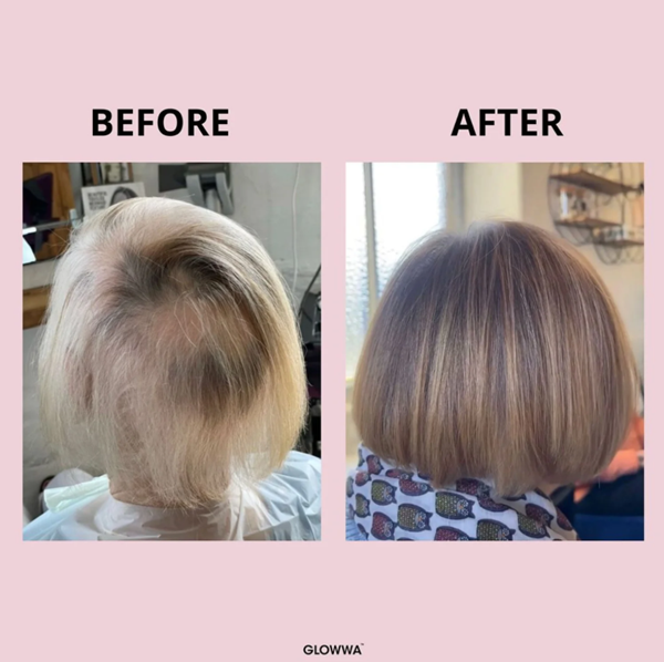 Before and after hair transformation with 'GLOWWA' branding on a pink background.