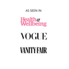 Text overlay on a white background indicating 'As seen in Health & Wellbeing, Vogue, Vanity Fair'.