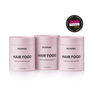 Three pink containers labeled 'Hair Food' by GLOWWA on a white background with an award badge. 3 months supply
