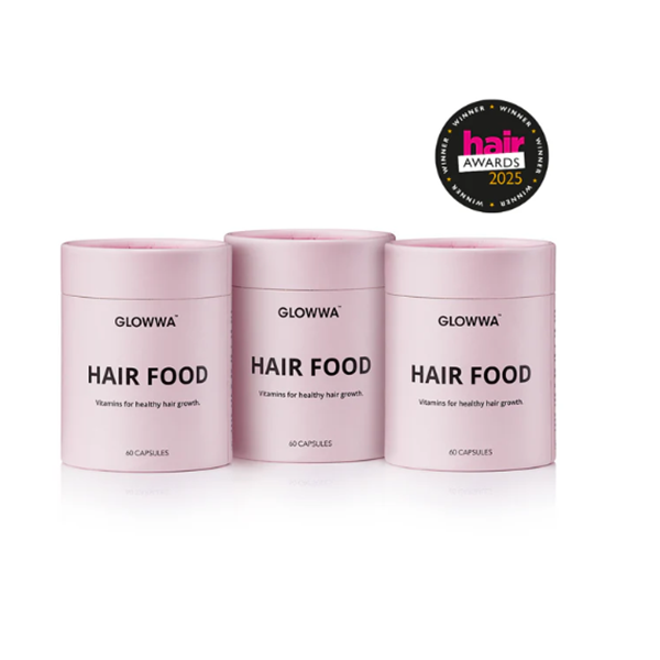 Three pink containers labeled 'Hair Food' by GLOWWA on a white background with an award badge. 3 months supply