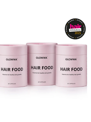 Three pink containers labeled 'Hair Food' by GLOWWA on a white background with an award badge. 3 months supply