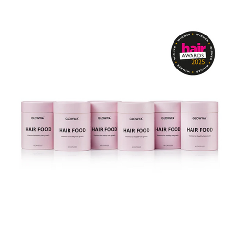 Row of pink 'Hair Food' containers with a 'Hair Awards 2025' badge on a white background - 6 months supply