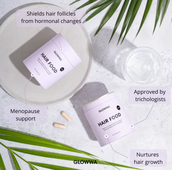 GLOWWA Hair Food packets on a light surface with green leaves.