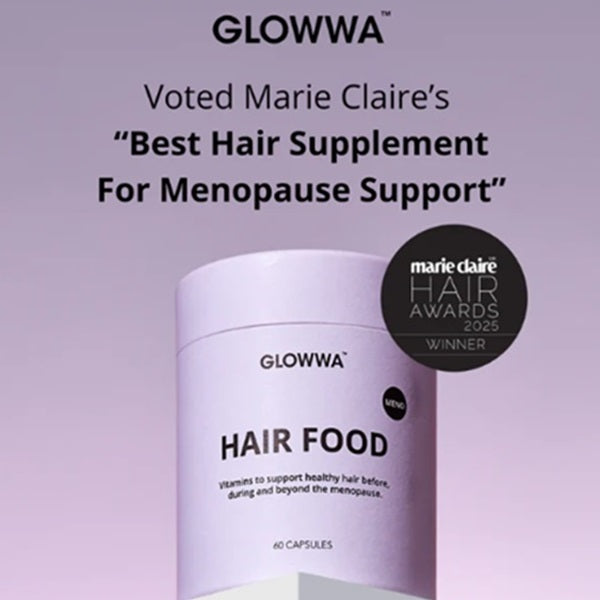 GLOWWA Hair Food supplement container with Marie Claire award on a purple background