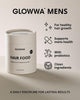 GLOWWA MENS hair health product with features listed on a beige background