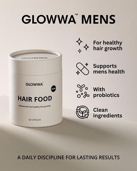 GLOWWA MENS hair health product with features listed on a beige background