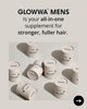 GLOWWA MEN's hair supplement containers on a light gray background with promotional text.