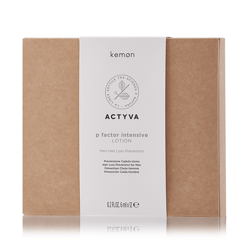 A pump bottle of Kemon Actyva P Factor Intensive Lotion for Men, which is packaged in a brown cardboard box with a white label.
